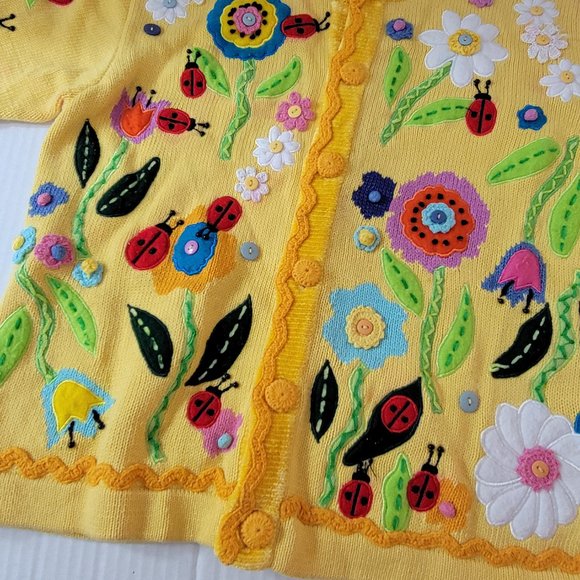 Berek by Takako Sakon Vintage Knit Yellow Crochet Garden Lady Bug Flower Top L - Picture 8 of 16